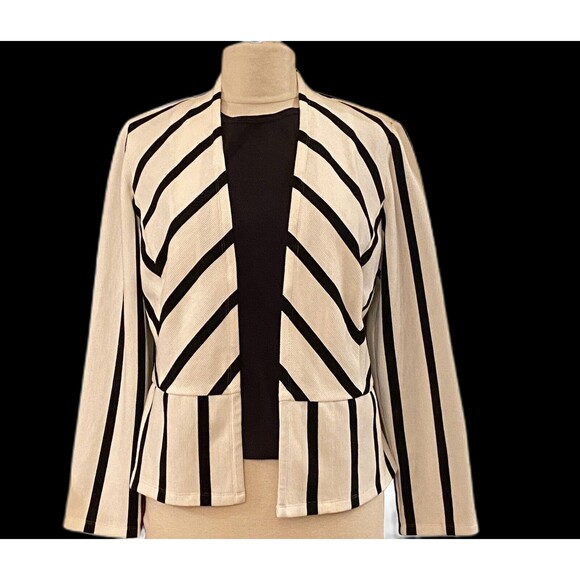 Chicos 1 Stripe Office Siren Spandex Ivory Peplum Jacket Career Long Sleeve S/M - Picture 1 of 6